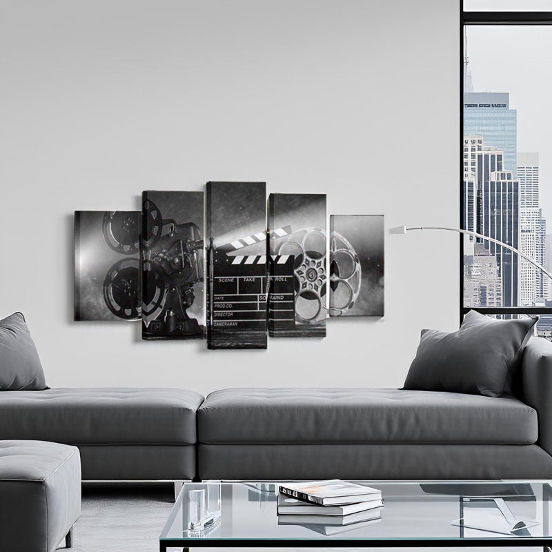 LevvArts Large 5 Piece Canvas Wall Art Classic Old Fashion Film Reels Poster Filmmaking Concept Scene Black and White Pictures for Bar Pub Home Movie Theater Media Room Decor Ready to Hang - Image 5